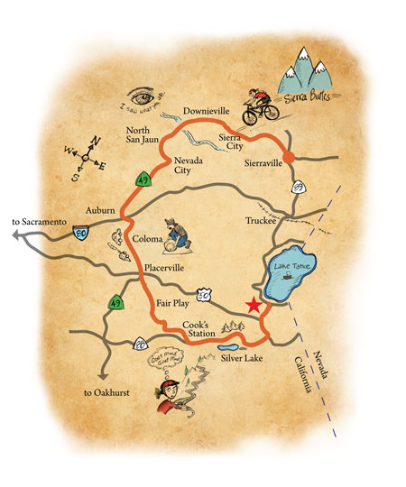 california gold rush map. Bicycling through California
