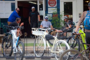 Riders hanging out in front of Yuba Expeditions.