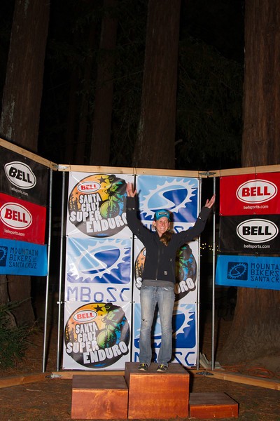 Pro women 1st place winner Margaret Gregory (Redlands, CA) takes the top step under the redwood canopy at Camp Loma. 2nd place winner Kathy Pruitt (Santa Cruz, CA) and 3rd place winner Tiffany Allmandinger (Goleta, CA) were unfortunately not available to take their spots on the podium. Congratulations to all three women. Photo: Scott McClain, Called to Creation 