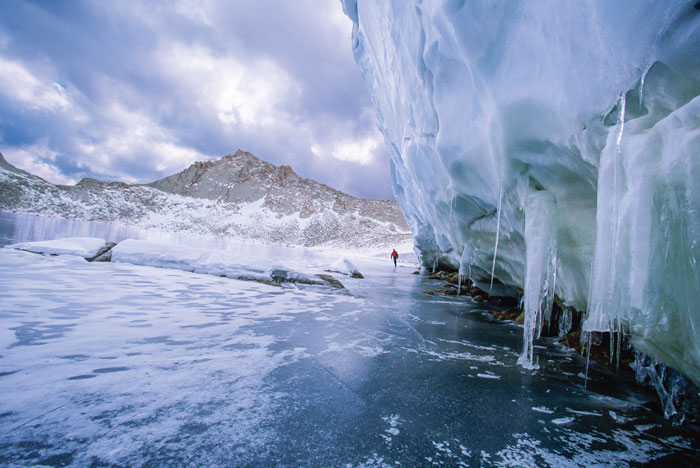 Ice formations along the edge of Tulainyo Lake.”The beauty and wierdness of these ice formations is hard to describe,” White says. “Studying this whole new medium is one of the things that makes alpine ice-skating so much fun.” Photo: John Dittli