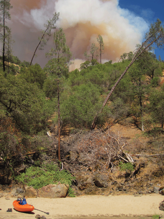 Rim Fire in its infancy, starting above our camp on the Tuolumne River. Photo: Haven Livingston