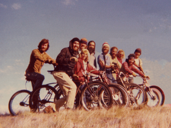 Riders pose atop "Frisbee Knoll", above Kent Lake, 1975. Photo: Charlie Kelly/Charlie Wirtz collection