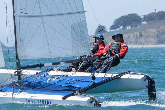 What Hobie sailing is all about, Scott Erwin & his wife Cathy flying a hull off the Central California Coast on a breezy day this spring. Photo: Deborah Swanson