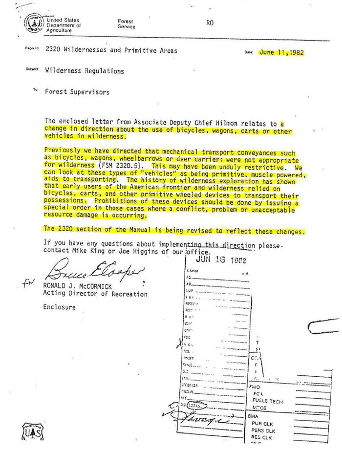 This 1982 USFS memorandum proves the agency was not opposed to allowing bicycles in Wilderness.