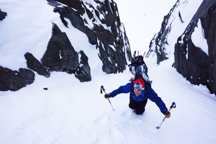 A happy crew gets walled in a pinner couloir in the Tahoe Basin.