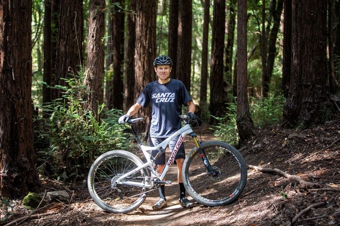 Pro endurance rider Josh Tostado with his Tallboy in Santa Cruz (Mike Thomas/SBC).