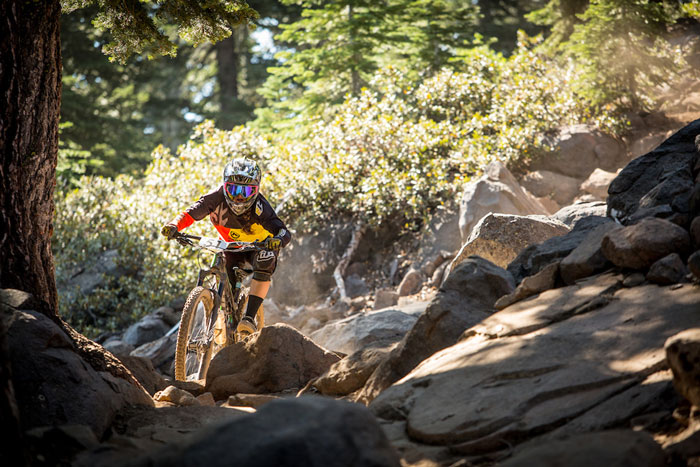 Challenging rock gardens are a favorite feature for most riders. Ariana Altier shows her prowess in negotiating them. Photo: Called to Creation.