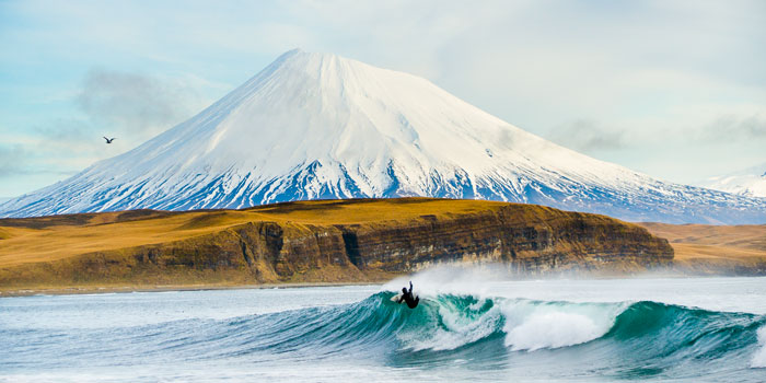 Mount Vsevidof in the Aleutian Islands, 2013. This stretch of coast remains one of the most wild and untouched places Burkard has ever been to.