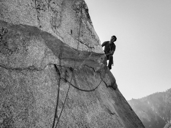 Brad Gobright looking back on Freeblast during his training day for the one day ascent of El Corazon.
