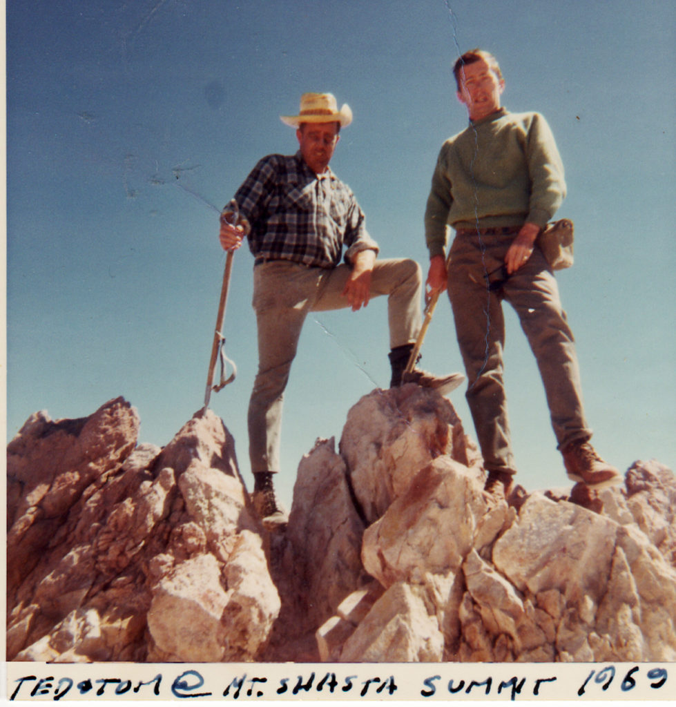 Photo of two men at the top of Mount Shasta, Ted, Tom, Shasta 1969