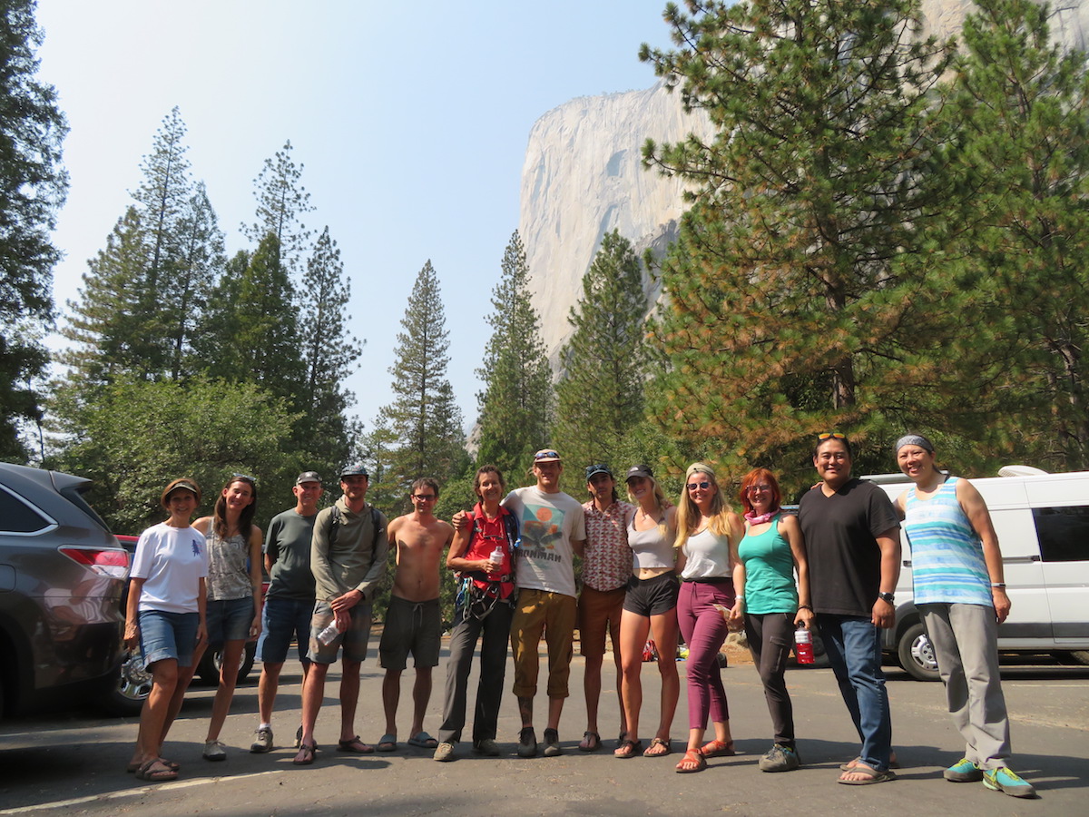 Dierdre Wolownick with ten friends on the Valley floor by El Cap