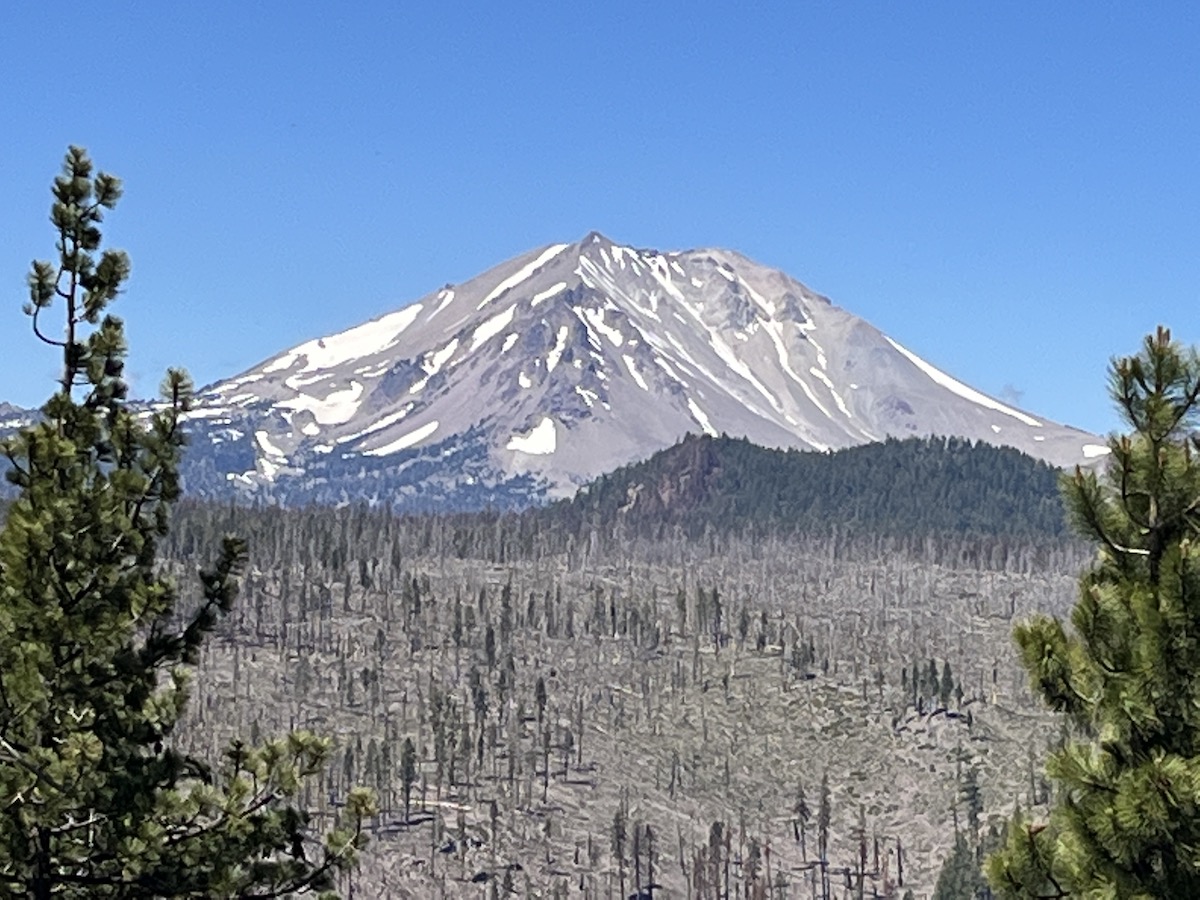 A burned forest has surrounded Lassen Peak since the 2021 Dixie Fire. (pacific crest trail)
