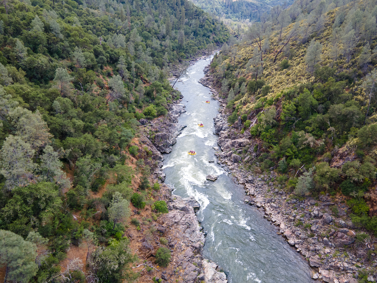Aerial view of rafters on the South Fork of California's American River.