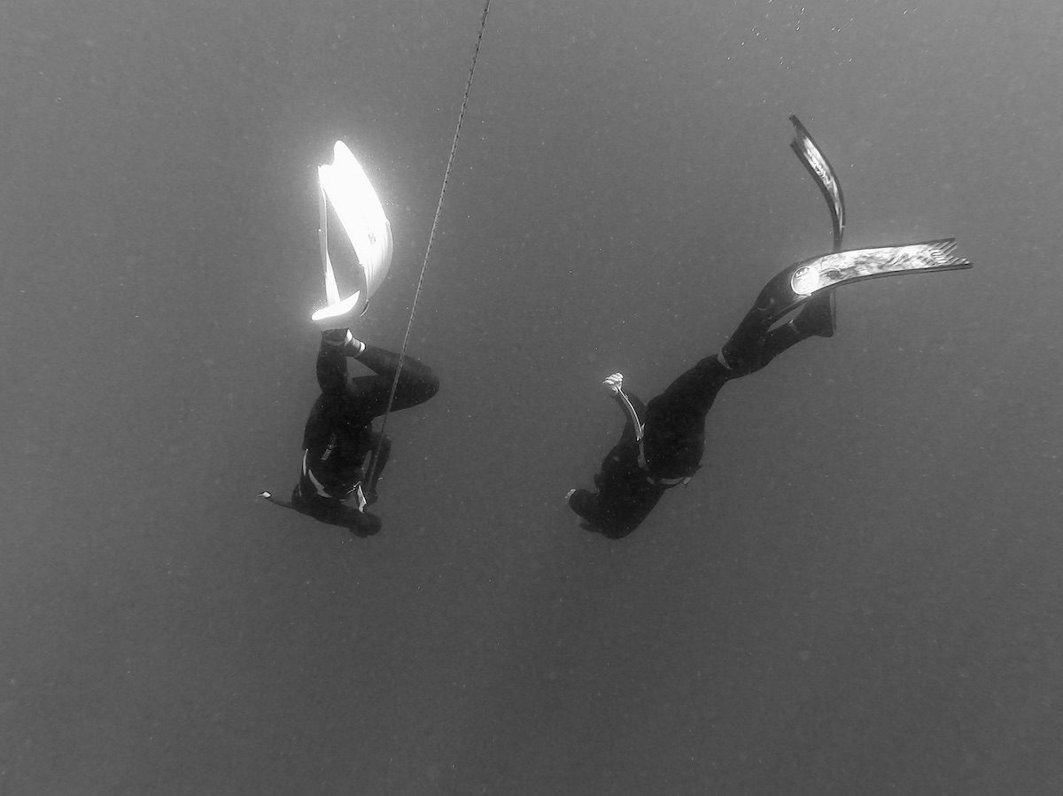 instructor and student diving side by side during a course
