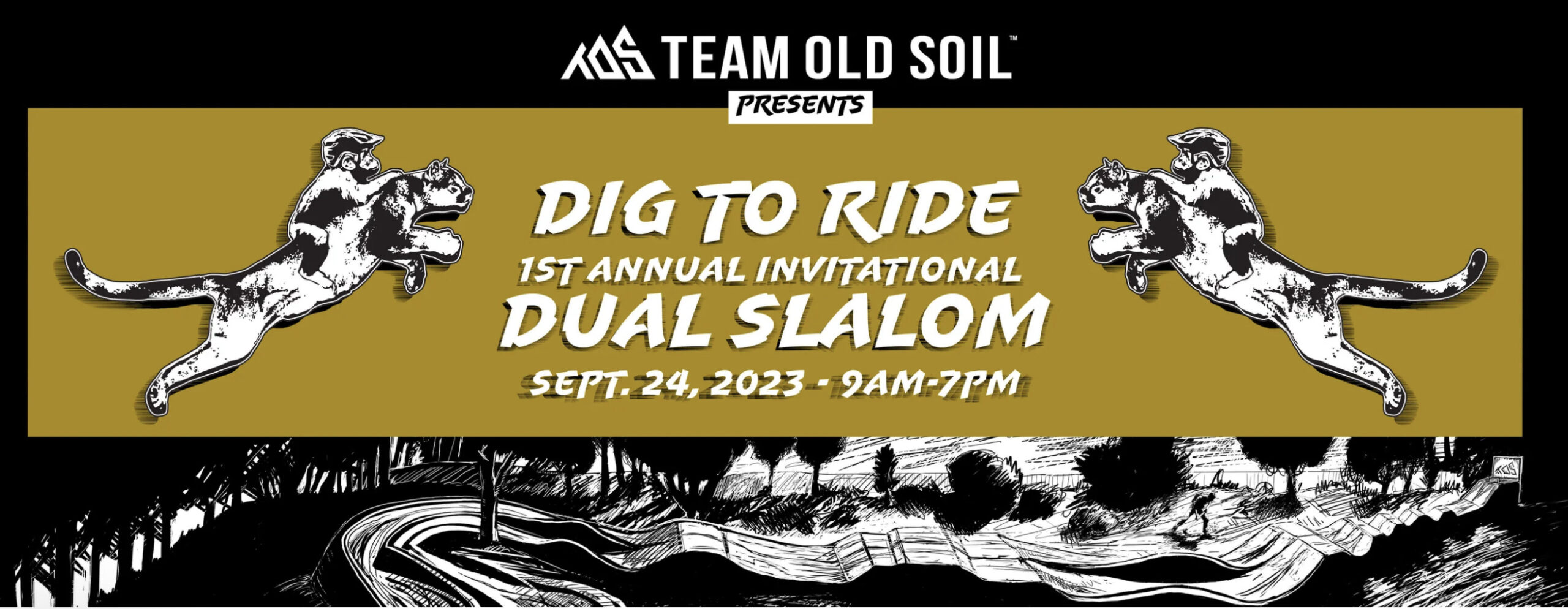 Illustration of Dig to Ride Dual Slalom logo with trail sketched in the background