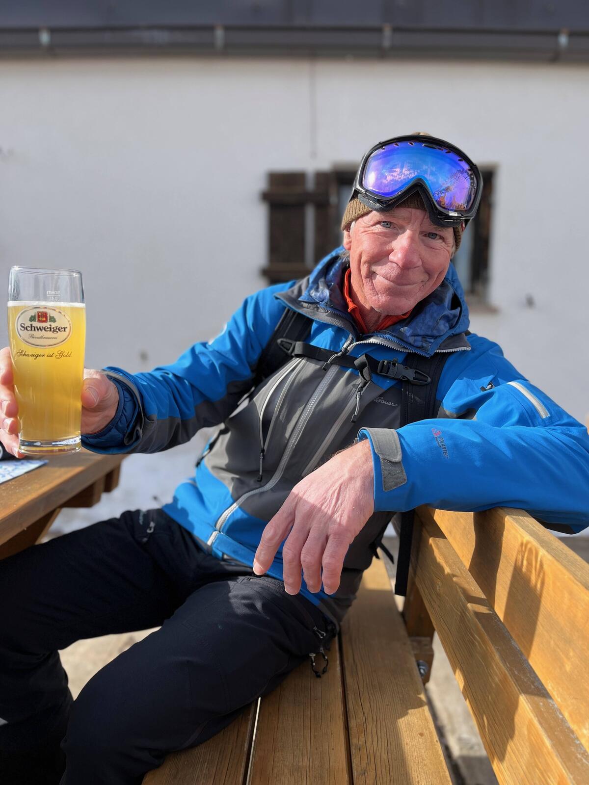 February 2022, Dave Nettle enjoying a beverage along the Sella Ronda on piste ski tour in the Dolomites