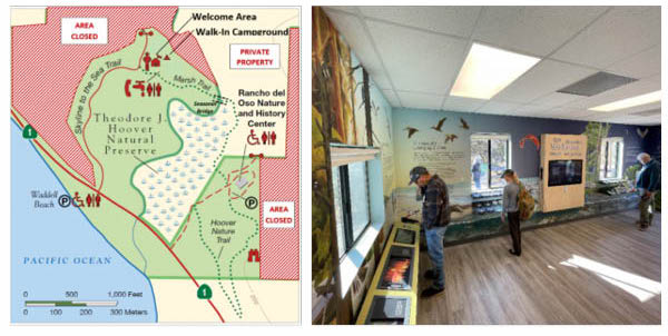 A map of Big Basin and a photo of the inside of the Rancho del Oso Welcome Center